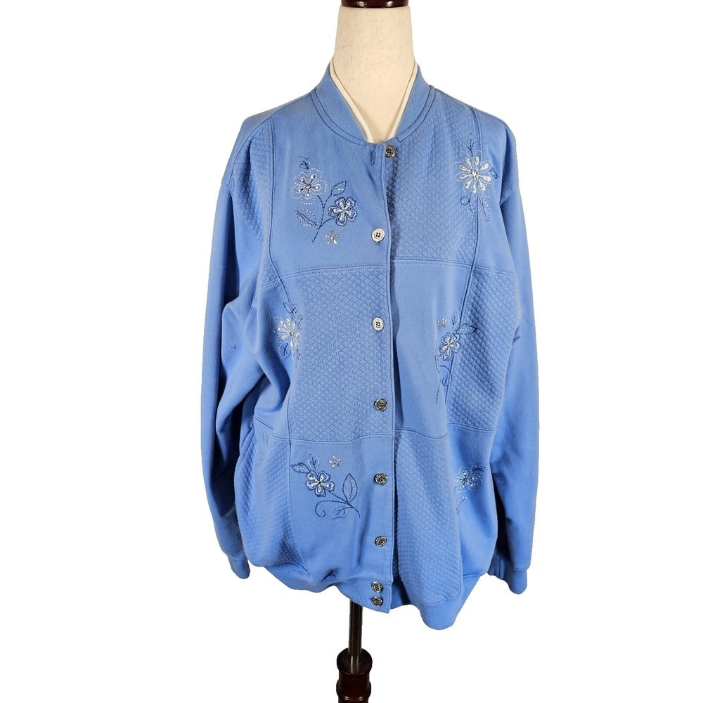 Alfred Dunner Women's Button Up Jacket Blue Size Medium Embroidered Floral Quilt